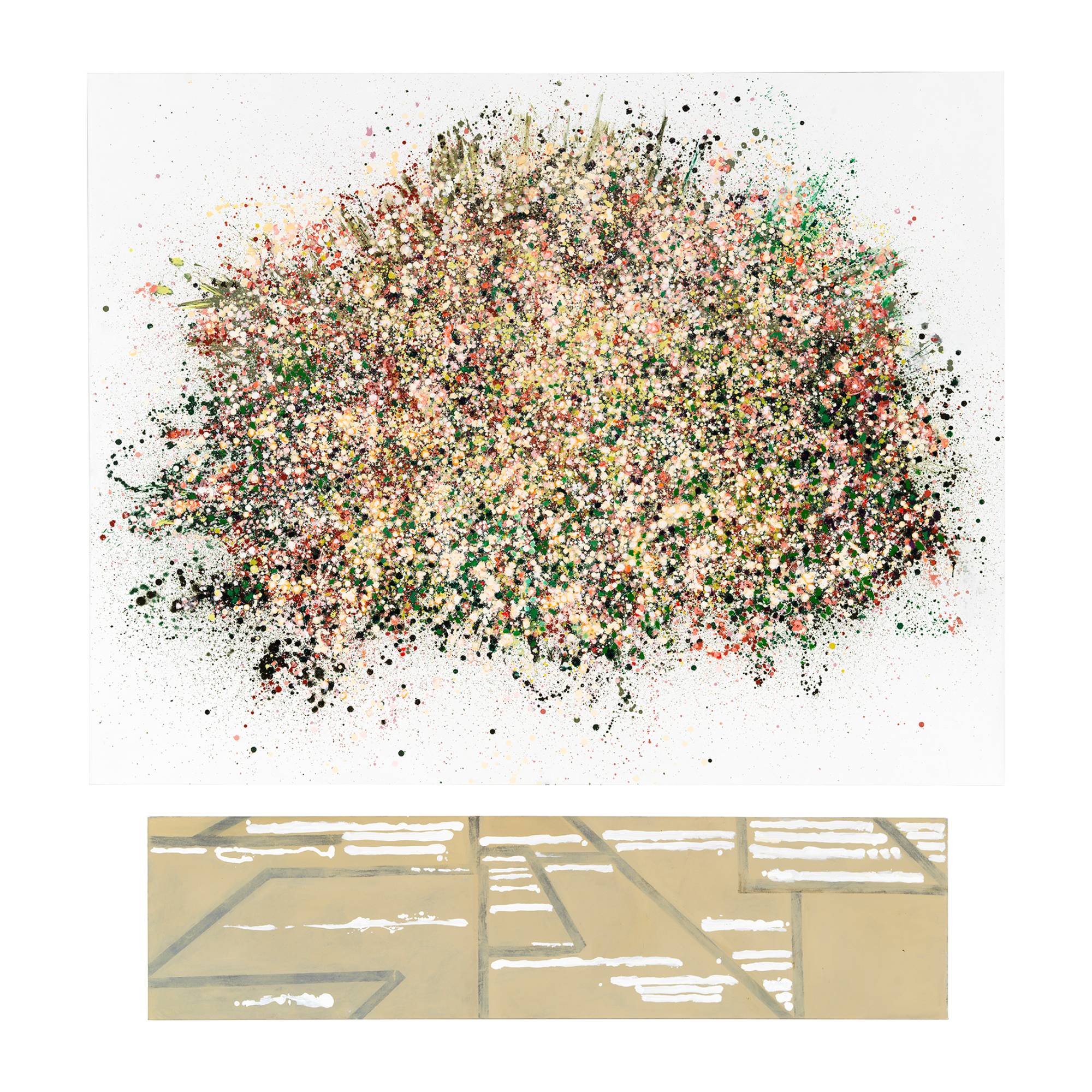 Painting by Vera Klement titled 'Blossoming' depicting a large field of colored paint slatters in pink, yellow, green, beige, and red floating on a white background above an abstract beige and green field in aerial view